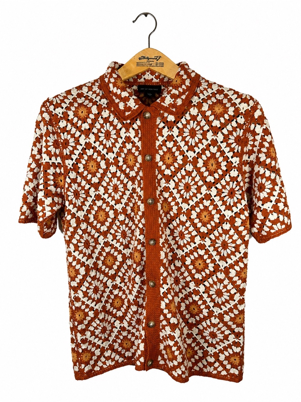 Art of Rhetoric Vintage-Inspired Orange Crochet Button-Up Cardigan Men’s M - Picture 2 of 14